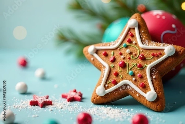 Obraz Imperfect star gingerbread, vibrant icing swirls, charming holiday imperfection , festive treat, texture, rustic