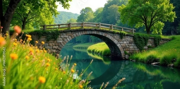 Obraz Rustic bridge arching over calm river, tall grass , ecology, bridge, green