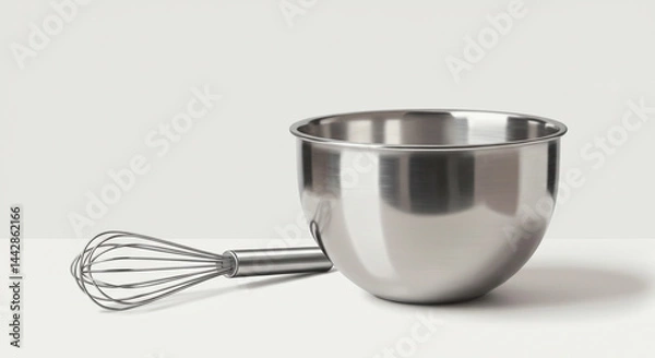 Fototapeta Still life featuring a stainless steel mixing bowl and a whisk on a white background, ideal for culinary applications.