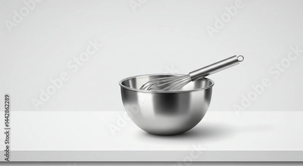 Fototapeta Still life of a stainless steel mixing bowl with a wire whisk resting inside, against a gradient grey to white background.