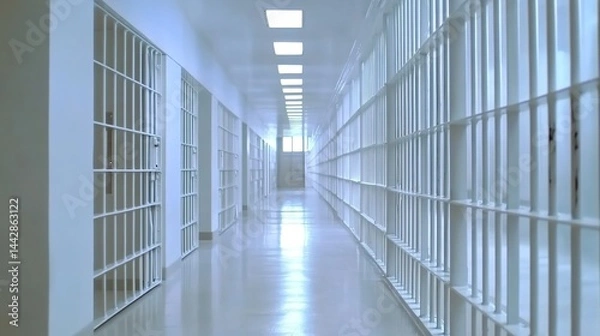 Obraz A long prison corridor with white bars and light from a distant window.