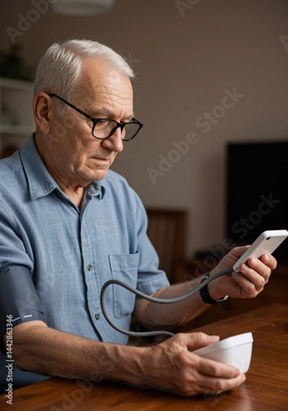 Fototapeta Elderly man checks blood pressure with device while using smartphone in cozy indoor setting