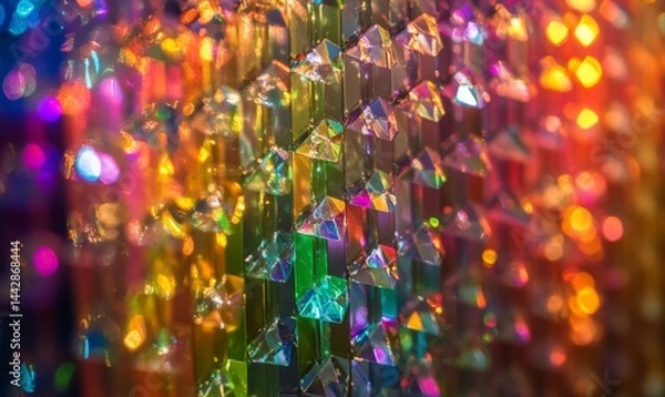 Fototapeta Shiny diamond pattern creates bright presentation backdrop, colorful prism effect on textured wallpaper, holographic light reflections form abstract background