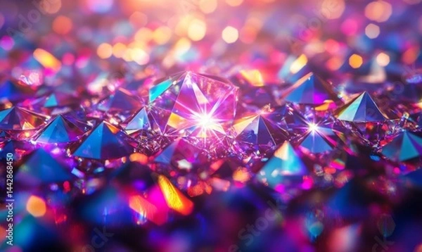 Obraz Shiny diamond pattern creates bright presentation backdrop, colorful prism effect on textured wallpaper, holographic light reflections form abstract background