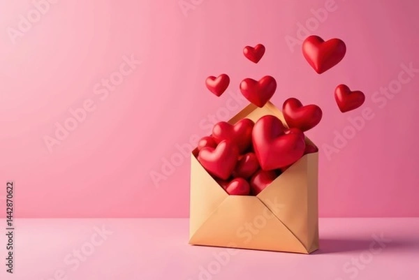 Obraz Overflowing brown envelope, vibrant hearts, pink backdrop, element, illustration