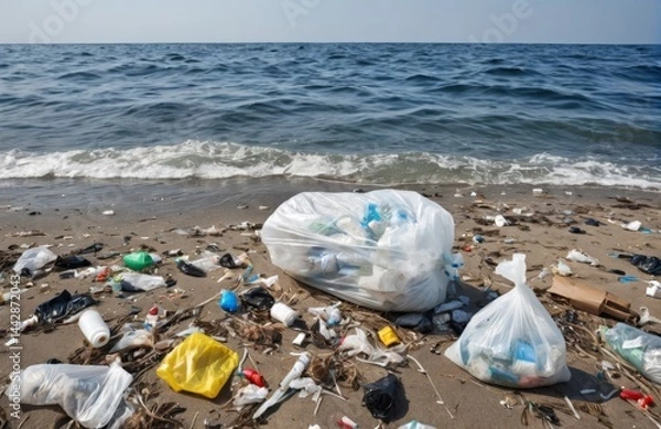 Obraz 海岸に放置されたゴミ、海洋汚染、環境問題、マイクロプラスチック