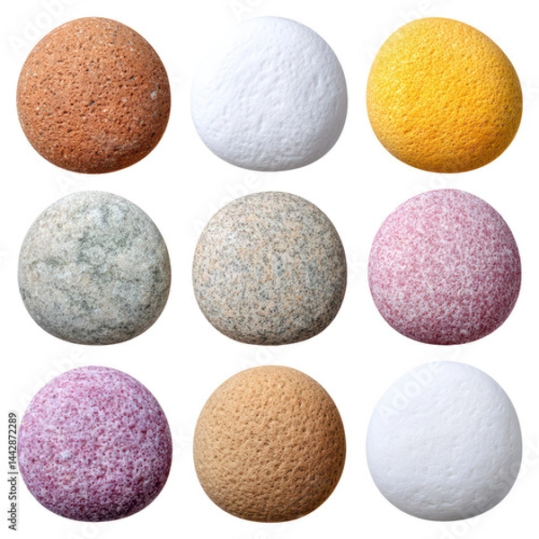 Fototapeta Colorful Natural Pebbles in Various Shades and Textures for Design, isolated on transparent background.