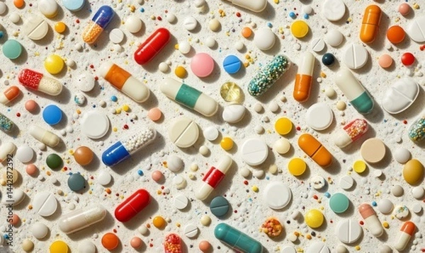 Obraz An array of multicolored pharmaceutical pills and capsules, including opioids, vitamins, and a variety of medicines, scattered across a surface, representing healthcare and medication diversity