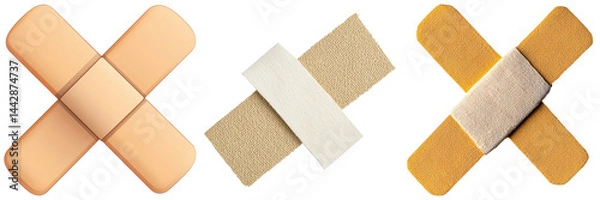 Fototapeta medical element concept. Various bandages arranged in a cross pattern on a dark background.