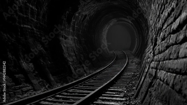 Obraz Decaying Ancient Walls and Warped Train Tracks in Eerie Tunnel with a Distant Light
