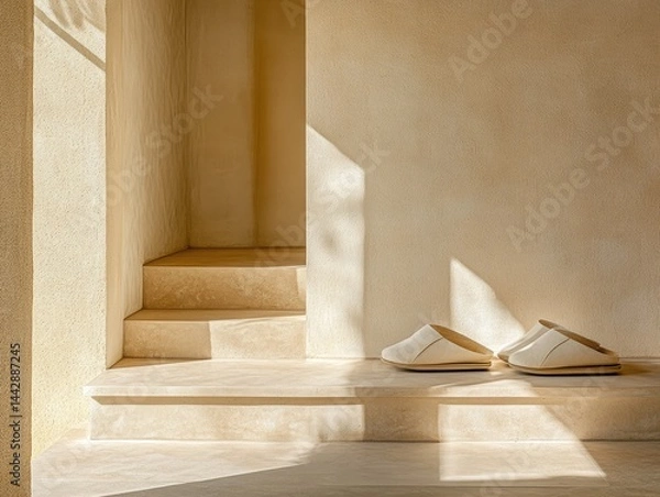 Obraz Interior steps with light beige tones and simple footwear.