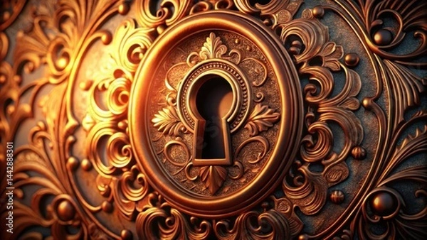 Obraz Ornate Keyhole in Gilded Bronze Frame, Intricate Detail and Warm Lighting