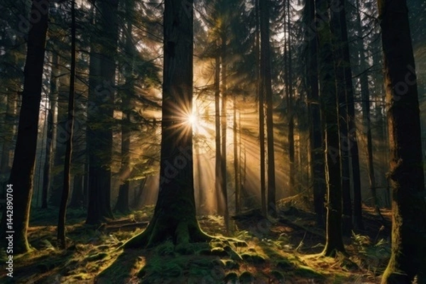 Fototapeta Dark dense forest, sun rays pass through the trees, shadows. Big old tree in center. Beautiful forest fantasy landscape. unreal world. Mysterious forest