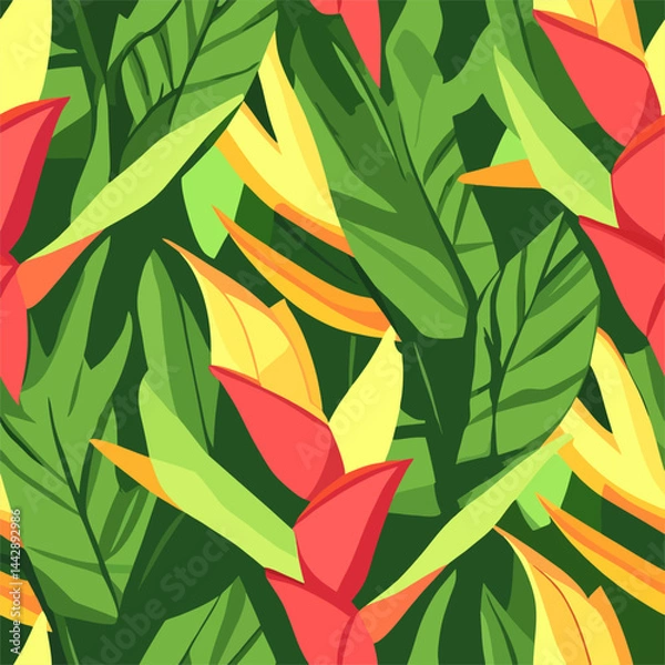 Obraz Tropical Bird of Paradise Seamless Pattern Vibrant Bird of Paradise flowers and lush green leaves create a lively, tropical seamless pattern, perfect for textile design or digital wallpaper.