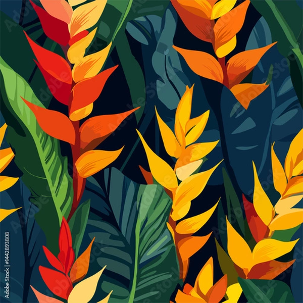 Obraz Tropical Floral Delight an artistic illustration captures a vibrant and immersive pattern of lush tropical plants, showcasing a variety of striking, brightly colored flowers amid dense.