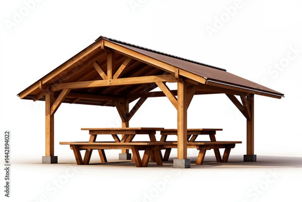 Fototapeta Wooden pavilion with seating on white background