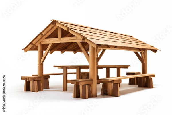 Fototapeta Wooden pavilion with seating on white background