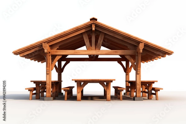 Fototapeta Wooden pavilion with seating on white background