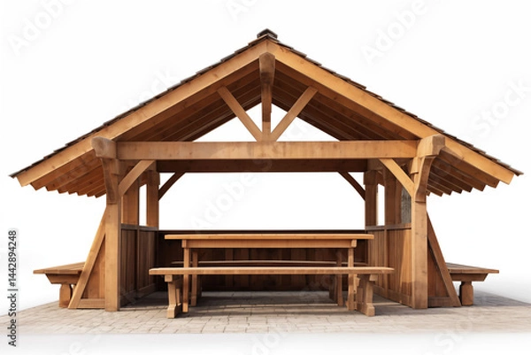 Fototapeta Wooden pavilion with seating on white background