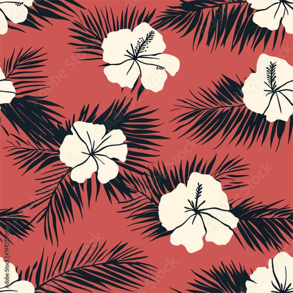 Obraz Tropical Flora an artistic illustration showcasing a repeating pattern of delicate white hibiscus flowers and stylized palm leaves against a vibrant coral backdrop. A burst of color. 