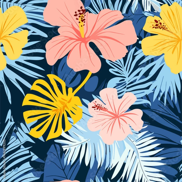 Obraz Tropical Hibiscus and Palm Leaves Pattern a vibrant and bold seamless pattern featuring pink and yellow hibiscus flowers amidst lush tropical palm leaves in a dark blue backdrop.