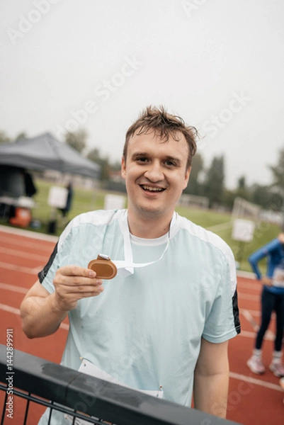 Obraz Amateur runner receives medal after running competition. Running competition at stadium