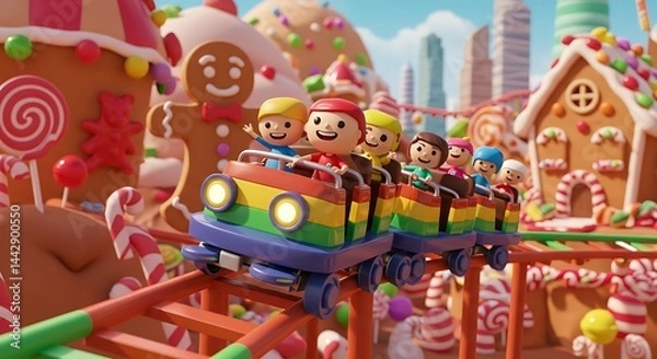 Obraz A 3D cartoon rowing boat floating gently on a shiny crystal lake surrounded by cartoon mountains