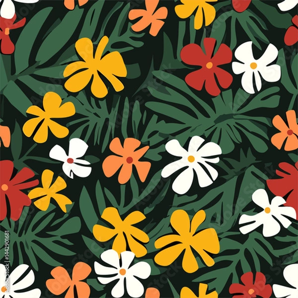 Obraz Tropical Flora a vibrant, stylized pattern of colorful flowers and lush green leaves creates a visually striking design, evoking a sense of tropical beauty and natural splendor.