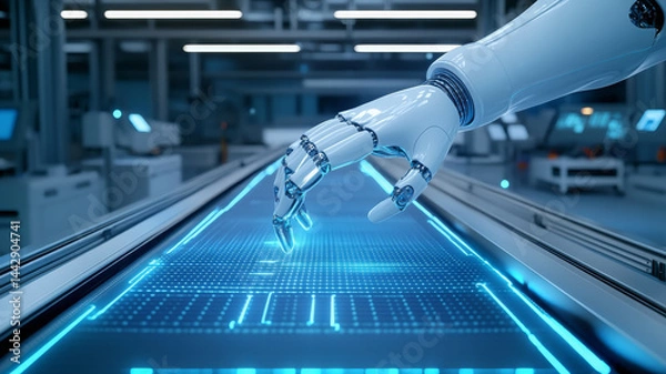 Fototapeta Closeup shot of autonomous robot hand interacting with digital interface, showcasing advanced
