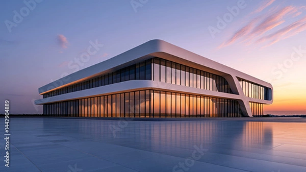 Fototapeta Cutting edge building with distinct geometric design, showcasing modern architecture at sunset