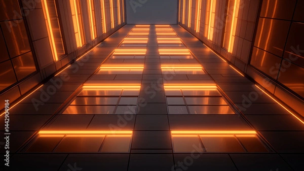 Fototapeta Dramatic top down view of skyscraper glowing with orange lights, showcasing modern architecture