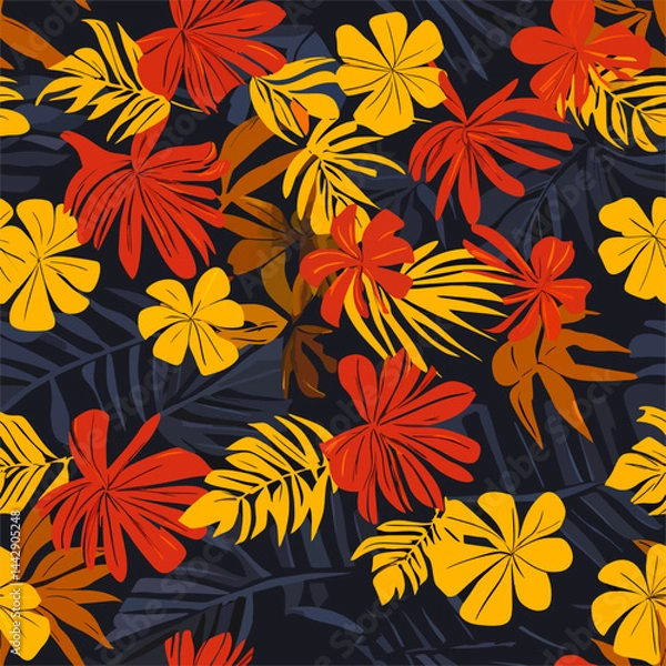 Obraz Tropical Bloom a vibrant array of stylized tropical flowers and foliage bursts forth in a rich tapestry of color and form, offering a feast for the eyes.