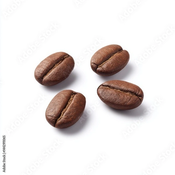 Obraz Four coffee beans, close up, isolated on white background