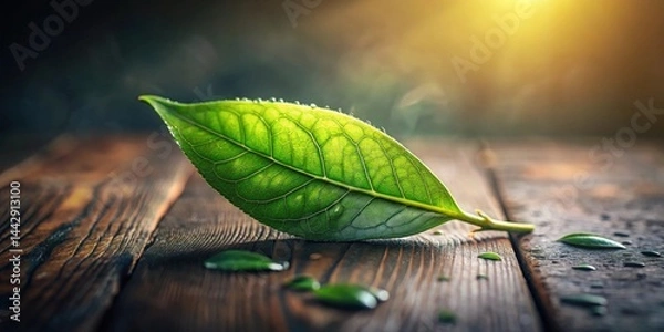 Obraz A Vibrant Green Leaf Rests on a Rustic Wooden Surface, Illuminated by Soft Sunlight, with Water Droplets Sparkling