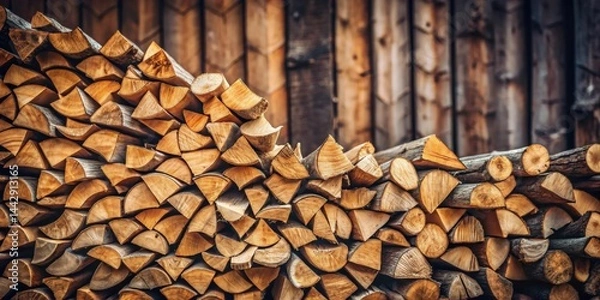 Obraz A neatly stacked pile of seasoned hardwood logs rests against a rustic wooden wall, ready for winter's warmth.