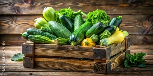 Obraz A rustic wooden crate overflowing with a bountiful harvest of fresh zucchini, squash, and broccoli
