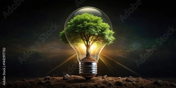 Obraz Illuminating Nature A tree flourishing within a glowing lightbulb, symbolizing sustainable energy and environmental growth.
