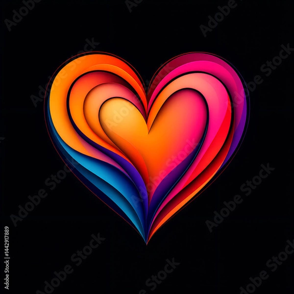 Obraz Colorful Layered Heart Illustration – 3D Gradient Love Symbol on Black Background