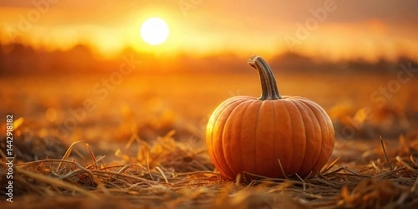 Obraz Autumnal Sunset A Single Pumpkin Rests in a Field of Dried Stalks