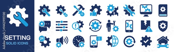 Fototapeta Settings solid icons collection. Containing configuration, maintenance, service, tools, wrench, gear. Perfect pixel on transparent background. Vector illustration.