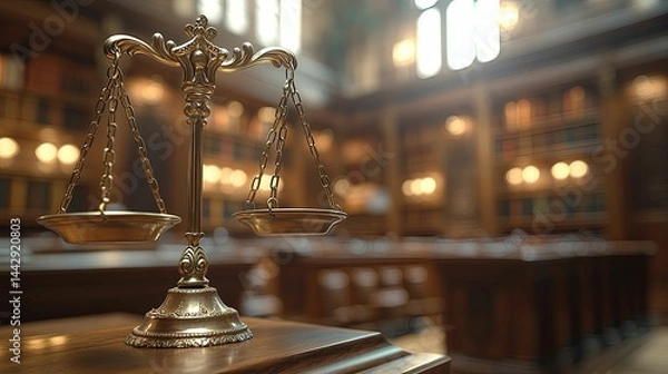 Fototapeta Ornate scales of justice in a grand courtroom setting.