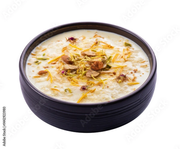 Obraz Creamy dessert with nuts and edible flowers served in a bowl on a transparent background, cut out