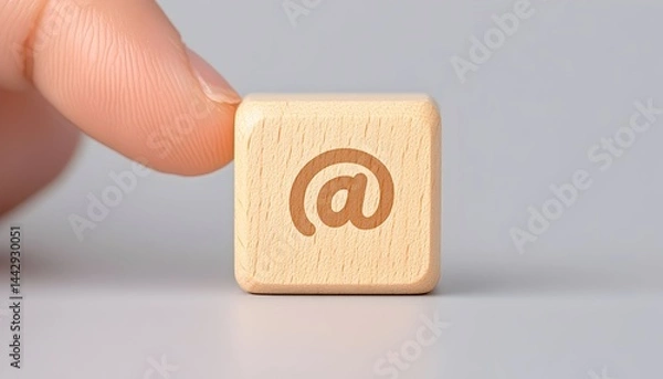 Fototapeta A fingertip gently touches a light-wood cube displaying an email symbol