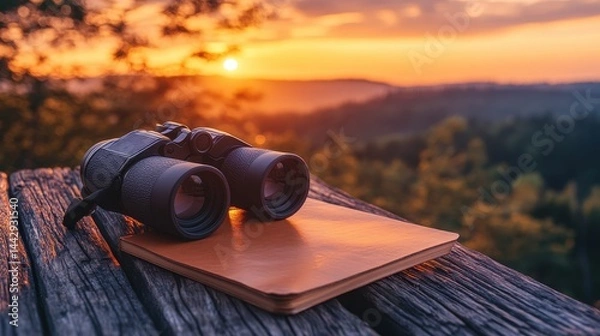 Fototapeta Binoculars and journal on rustic table at sunset over forested hills