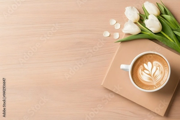 Obraz Latte art coffee, white tulips, and book on wood