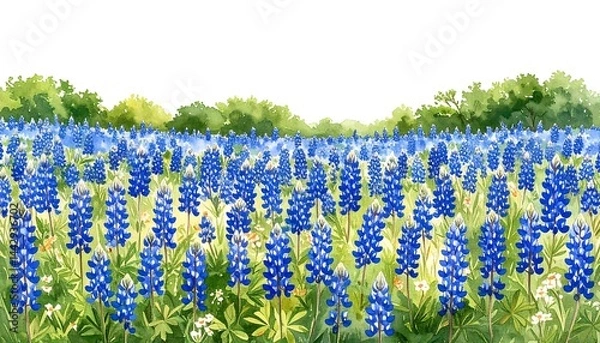Obraz Vibrant Bluebonnet Wildflowers in Expansive Meadow Under Bright Sky and Green Foliage