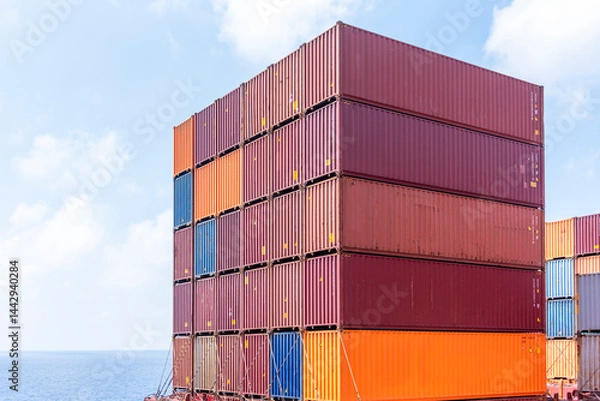 Fototapeta View on the stack of containers loaded on deck of the large cargo ship. She is sailing through calm, blue ocean. 