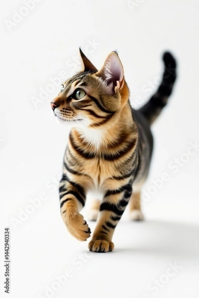 Fototapeta Striped cat in graceful, swift motion across pure white , wildlife, animal, feline