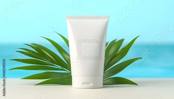 Fototapeta White squeeze tube of lotion or cream sits on a white surface, flanked by tropical leaves against a blurred ocean background