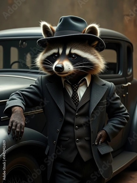 Obraz Handsome raccoon leaning on an old car